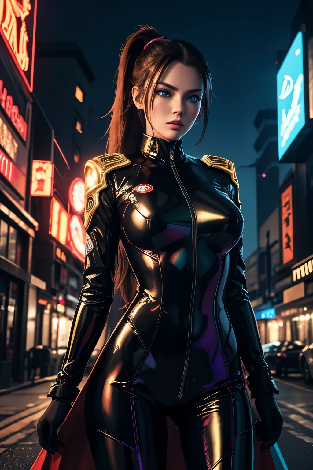 best quality, 32k, RAW photo, incredibly absurdres, extremely detailed, beautiful woman, mechanical blue eyes, glossy ponytail, amorous expression, lewd expression, wearing iridescent red rubber suit with golden embroidery, black leather long coat, cyberpunk, armed, huge breasts, slender, perfect proportion, beautiful glossy brown hair, background ruined dim buildings, scattered dust, rainbow colors neon line light, delicate, flashy and dynamic depiction, professional flare lighting