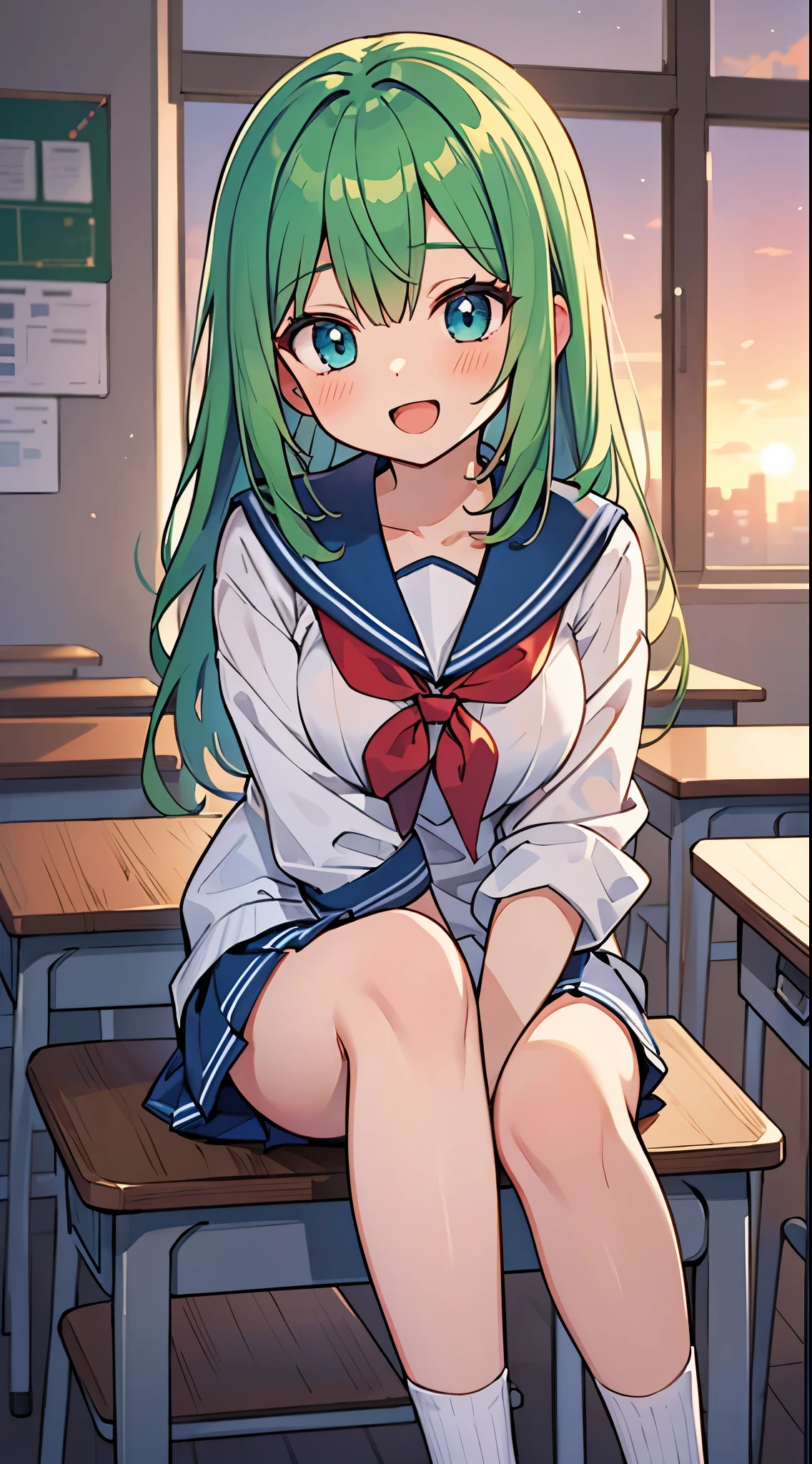 ((Pretty High School girl with green hair and blue eyes)), ((wearing Sailor suit)), Loli face, ((master piece, top-quality, ultra-definition, high resolution)), anime girl, ((ultra-detailed illust:1.2)), only one person, bangs, hair between eye, beautiful hair, Beautiful eyes, Medium breasts, sitting, thigh, Big smile, blushing, opened mouth, in the classroom, at dusk, sunset