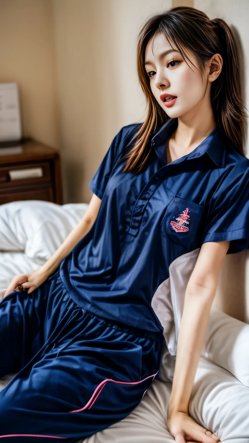 2 girls in the piano room, Navy blue short-sleeved shirt,Navy Long Trackpant,Sweatpants, Sweatpantsขายาว, lying in bed., หญิงรักhave sex, coax, Sexual arousal, Realistic poses, exercise clothes, exercise clothes, have sex