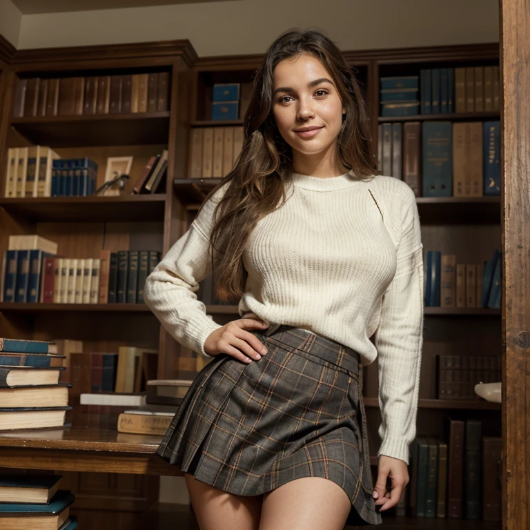 Photographic realism, HD low angle, imagen de cerca de un sensato, 22 year old british bookstore, trenza de pelo largo y oscuro, sentado en una biblioteca ocupada, piernas cruzadas, wearing a thick traditional English sweater, wearing a long tartan skirt, sosteniendo una lupa grande sobre un libro antiguo, GRAN SONRISA, Ojos azules profundos, ojos de alto detalle, figura completa, small breasts, Biblioteca en segundo plano, Mucha gente al fondo, dynamic lighting, cinematic shadows, Arte plano, HD, absurd information, fotos sexy, mostrando un poco su ropa interior, desnuda