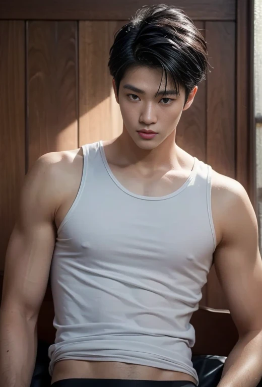 High quality, masterpiece, highly detailed, 8k, perfect face, perfect body, realistic, photogenic, man, Asian, young, black hair, short hair, handsome, detailed eyes, beautiful detailed nose, realistic body, realistic light, comfortable expressions, cute guy, sweat guy, cool guy, abs sixpack, model style, full body, clean skin, tank top
