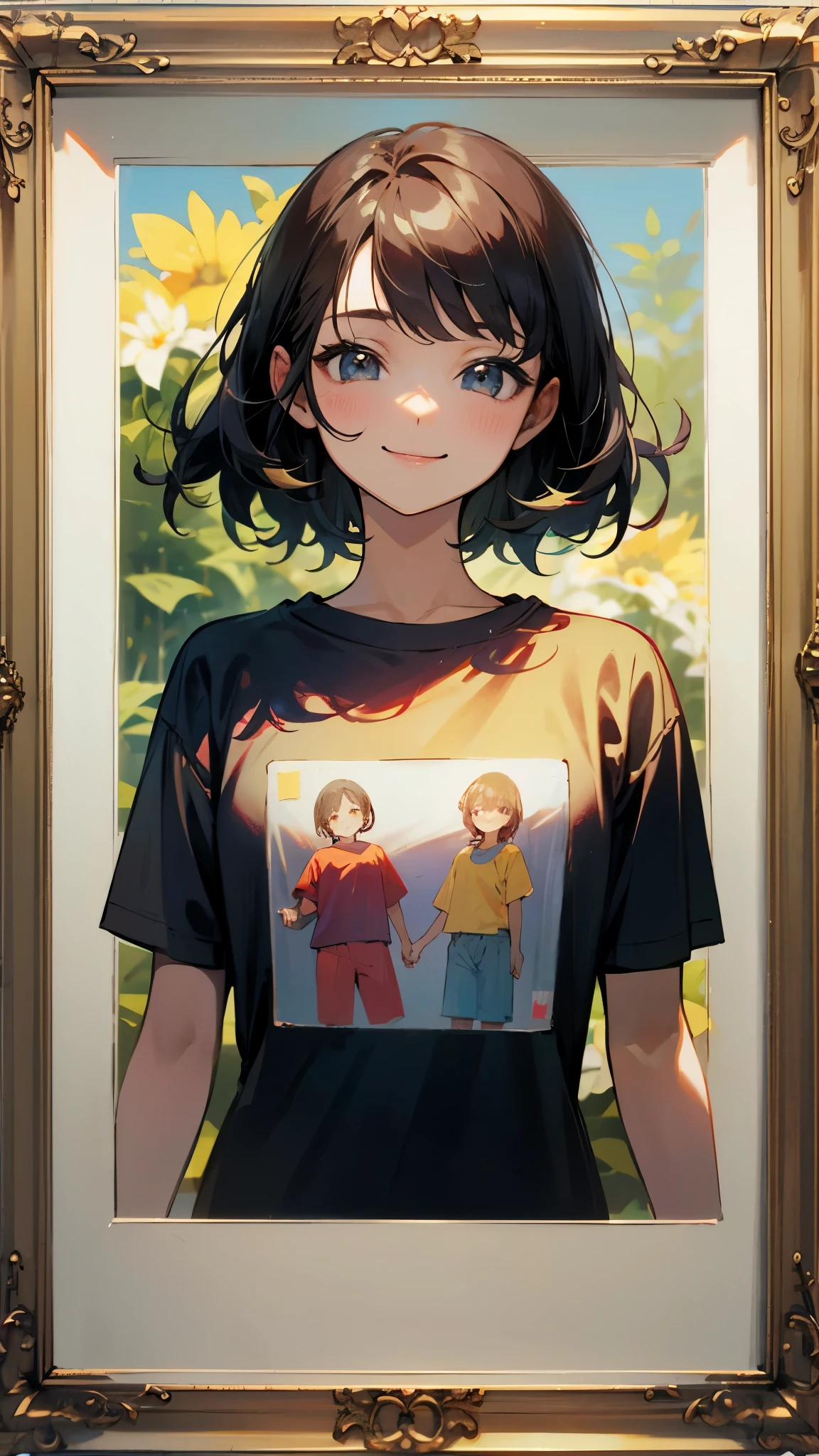 t-shirt, picture_frame, smile,