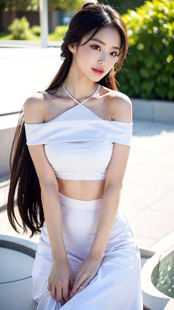 The Chinese woman in the photo is wearing a fashionable white sleeveless top and skirt. Her long hair is smooth and straight, and she has a full body photo off the shoulder. She stands in front of a pure white background with the capital letter "happy" on the back, with a simple and modern design. Her attire showcases the simple beauty of modern urban women, as well as the elegant figure highlighted through the cutting of clothing. The woman's facial features are delicate, her skin is fair, and her eyes exude a unique confidence and depth, as if she can penetrate the viewer's soul. Her eyes are bright and lively, and her long eyelashes and carefully crafted makeup highlight her eye expressions, making it unforgettable at a glance. Her lip color is vivid, adding a touch of vitality to the entire image. From her confident posture, the woman smiled as if she had full self-awareness of her charm. Her shoulders have smooth lines, and the gentle side of her head and neck exudes an elegant beauty. The entire design, whether it is the choice of hairstyle or the combination of accessories, reveals her attention to details, reflecting her taste and pursuit of beauty.