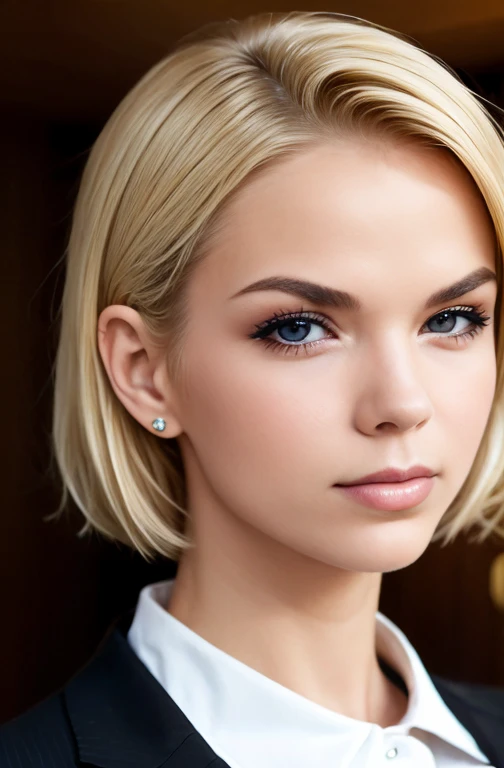 portrait of european girl,solo,20yo,beautiful face,uppser body,hair over one eye,medium sidecut, blonde hair, sharp focus,black business suit