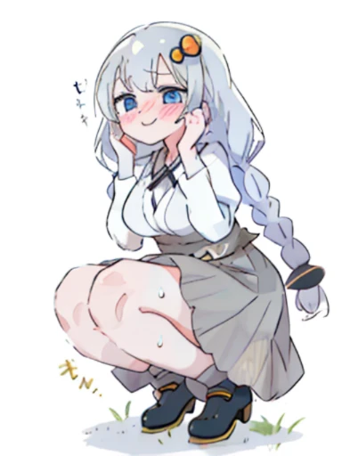 「Kyoto Animation」wind anime illustration、highest quality、(cute:1.1)、(cute:1.5)、(High resolution:1.2)、It's ridiculously ridiculous:1.3、Very fine illustrations、1 Beautiful Girl、Akari Konusei、1 girl、gray hair、Gray skirt、black high heels、long braids、big breasts、women stink、fart、shyness、blush、Satisfied smile、Gas comes out of the butt、put pressure on your face、lots of gas、Feeling like diarrhea、Sweat、Active、My body trembles、Hip Attack、dynamism、blue eyes、grassy area、squat、Confined spaces、woman has stomach pain、Do feces、loud and dirty sound、Naked underneath、