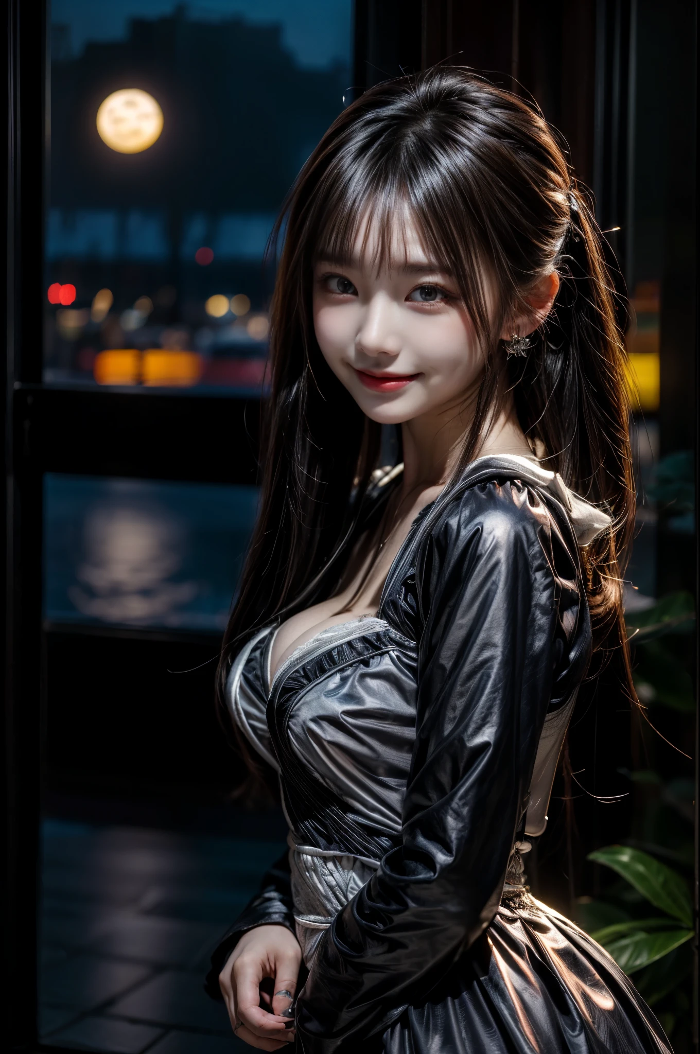 1 girl, very bright backlight, alone, {beautiful and detailed eyes}, big breasts, dazzling moonlight, calm expression, natural soft light, hair blowing in the wind, delicate features, dull bangs, beautiful korean girl, with a smile in your eyes, very small earrings,(wearing a black ta dress:1.3) ,16 ylm grain, real hand,shy smile,sexy pose