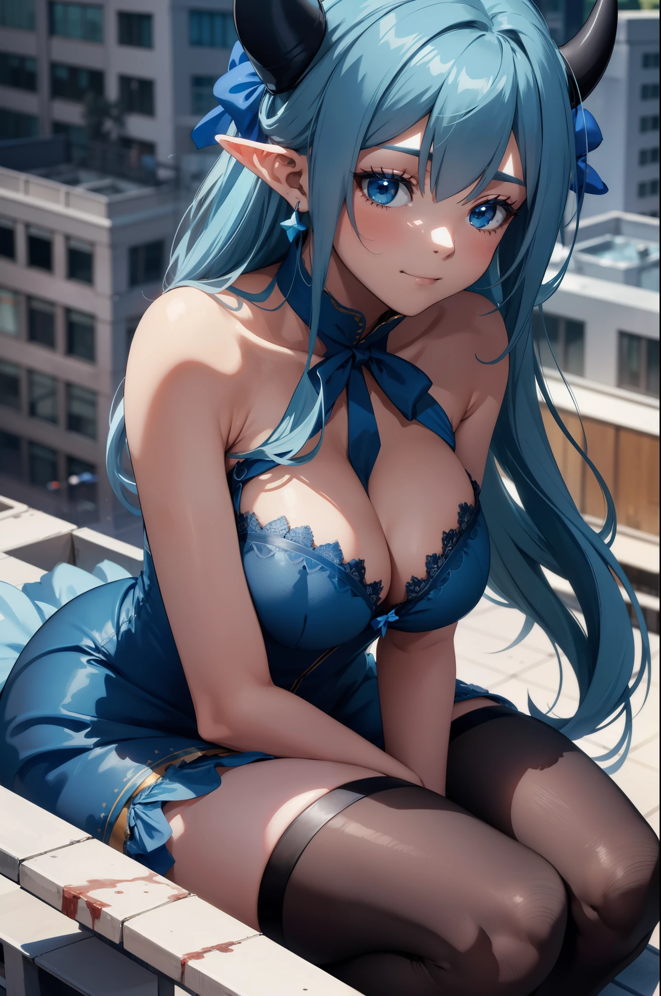 giant girl 50,000 feet high，Weight 1000kg，Has a pair of huge blue angel wings，With huge devil horns on his head，crown on head，Elf wearing blue earrings，She has long blue hair that reaches her feet，loose hair，Long blue wavy hair，Wearing a pair of blue boots，blue lace gloves，Blue lace pantyhose，Pantyhose with bow and star decorations，蓝色蕾丝whole body，Sitting elegantly on a tall building，Beautiful appearance，Exquisite makeup，quality，8k，高quality，Perfect proportion, Cinema lighting，film grain，Fuji colors，8k，textured skin，Super details，high detail，high resolution，fake smile，blood stains，脚底有blood stains，whole body，Obese，elf princess，feather，flowers