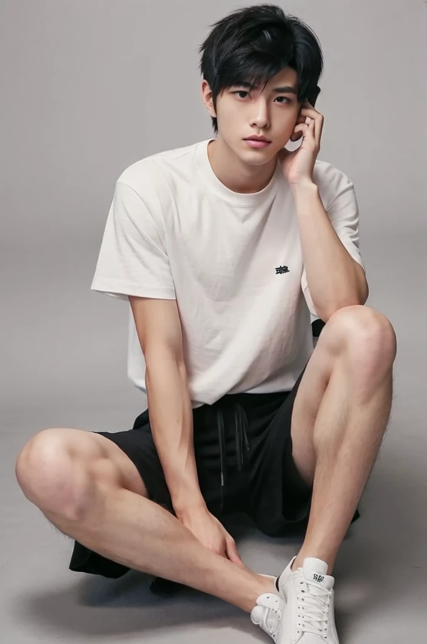 (((super sharp focus))), (((hairy legs))), toned legs, whole body, two block, messy shortt hair, long legs, Japan Male, 27 years old, wearing shorts, wearing a black T-shirt, very short hair, black hair