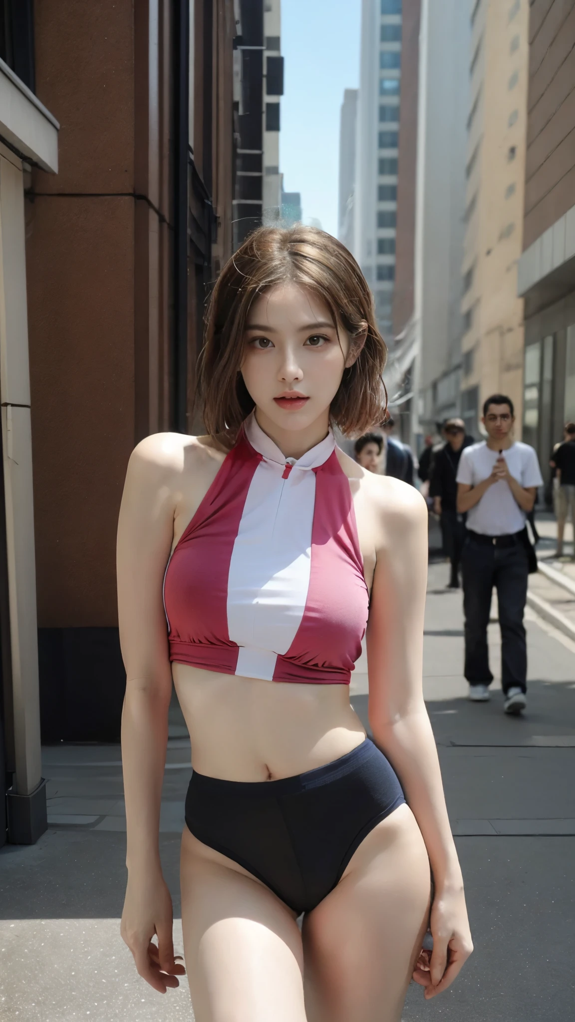 (Top quality),8K,(Masterpiece:1.3),(1 girl:1.3),(Medium breasts:1.3),Realistic,high resolution,Highly detailed face and skin texture,Realistic faces,Original photo,((Beautiful faces:1.5)),(Beautiful woman:1.4),Perfect body proportions,Whitens skin,Shiny skin,((Ultra-detailed face)),The attention to detail,Double eyelids,Eyeshadow strengthening,Eye of detail,Professional lighting,Cinematic lighting,Focus sharp,((Sporty style)),((Light, Brightly colored clothing)),Brightly colored T-shirt,Short skirt,((Lively,Active,vivaciousness)),((Panties)),((Exposing thighs)),(Erotic:1.3),On the street