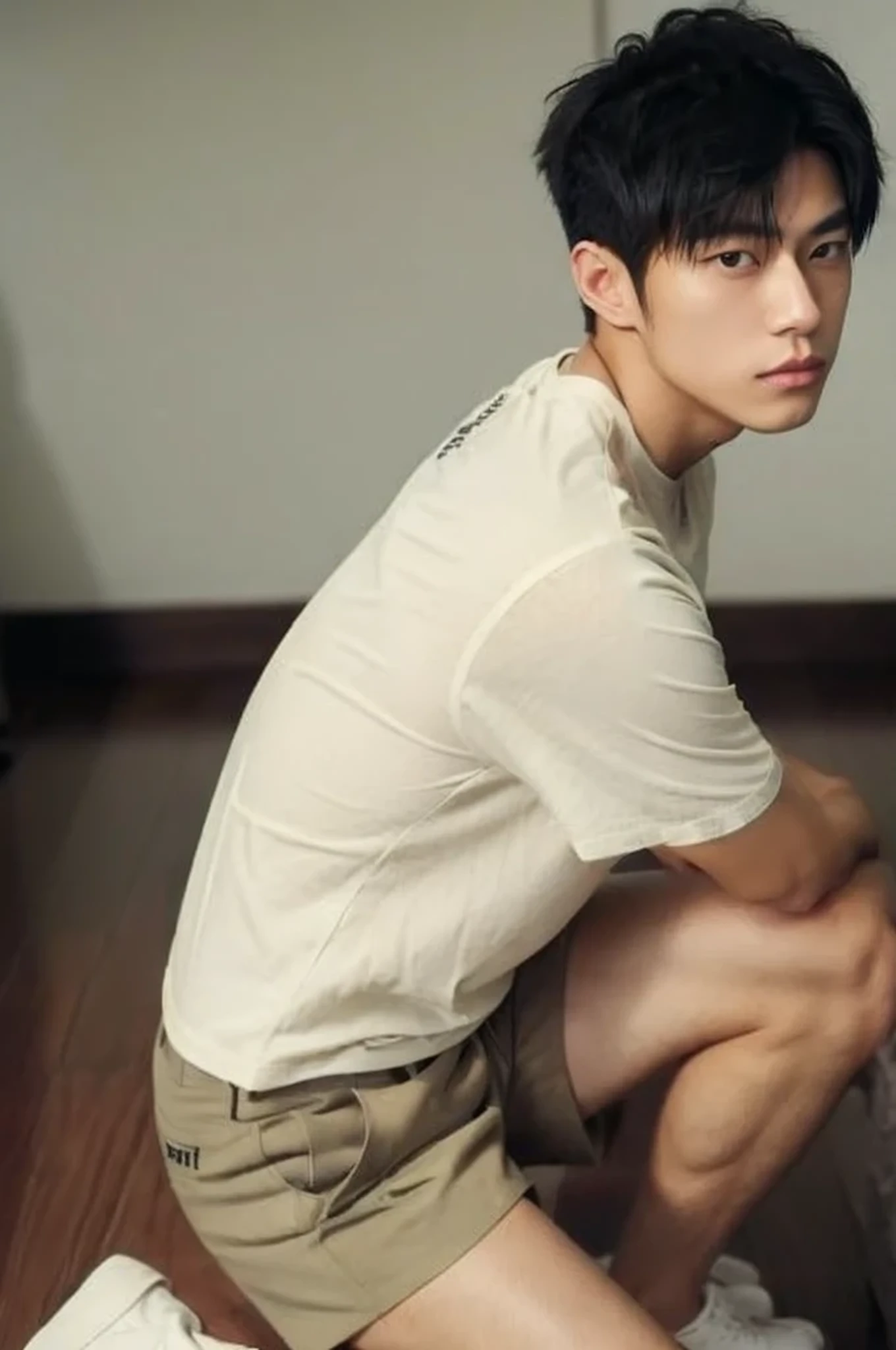 ((((super sharp focus)))), (((hairy legs))), toned legs, whole body, two block, messy shortt hair, long legs, Japan Male, 27 years old, wearing beige shorts, wearing a black T-shirt, very short hair, black hair,downward