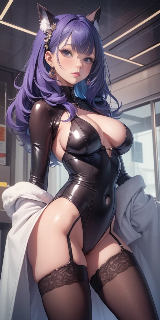 ((Best quality)), ((masterpiece)), 1 girl, sexy, stylish, mature, elegant, evil, sharp jawline, dressed in a silver-blue long coat and black translucent stockings, big , shirtless, braless, black sexy panties, blue colored inner hair, smooth shiny skin.
