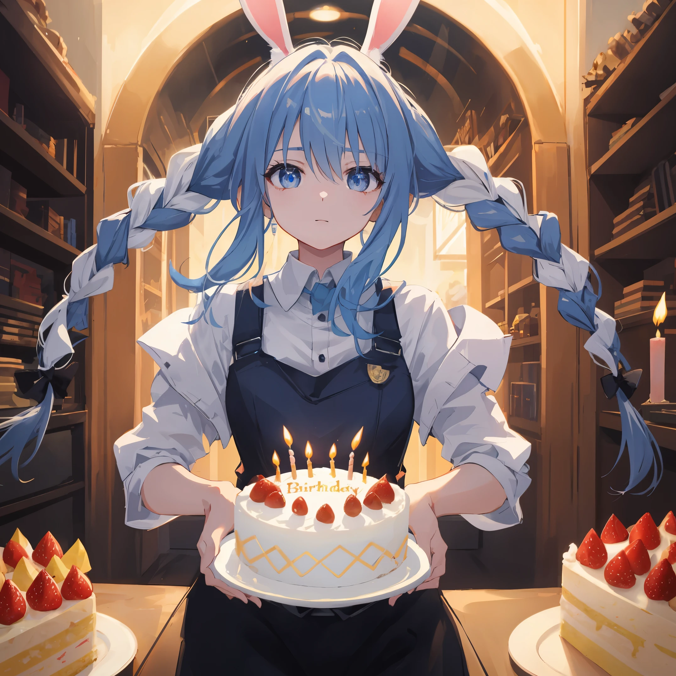 (shape: Used Pecora), Bunny girl, blue hair, twin braids, girl, alone, {{masterpiece}}, highest quality, Highly detailed CG Unity 8K wallpaper, cinematic lighting, Lens flare, beautiful detailed eyes, cake,(birthday)