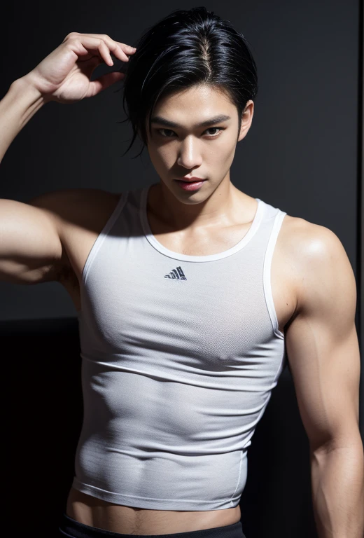 High quality, masterpiece, highly detailed, 8k, perfect face, perfect body, realistic, photogenic, man, Asian, young, black hair, short hair, handsome, detailed eyes, beautiful detailed nose, realistic body, realistic light, comfortable expressions, cute guy, sweat guy, cool guy, abs sixpack, model style, full body, clean skin, tank top