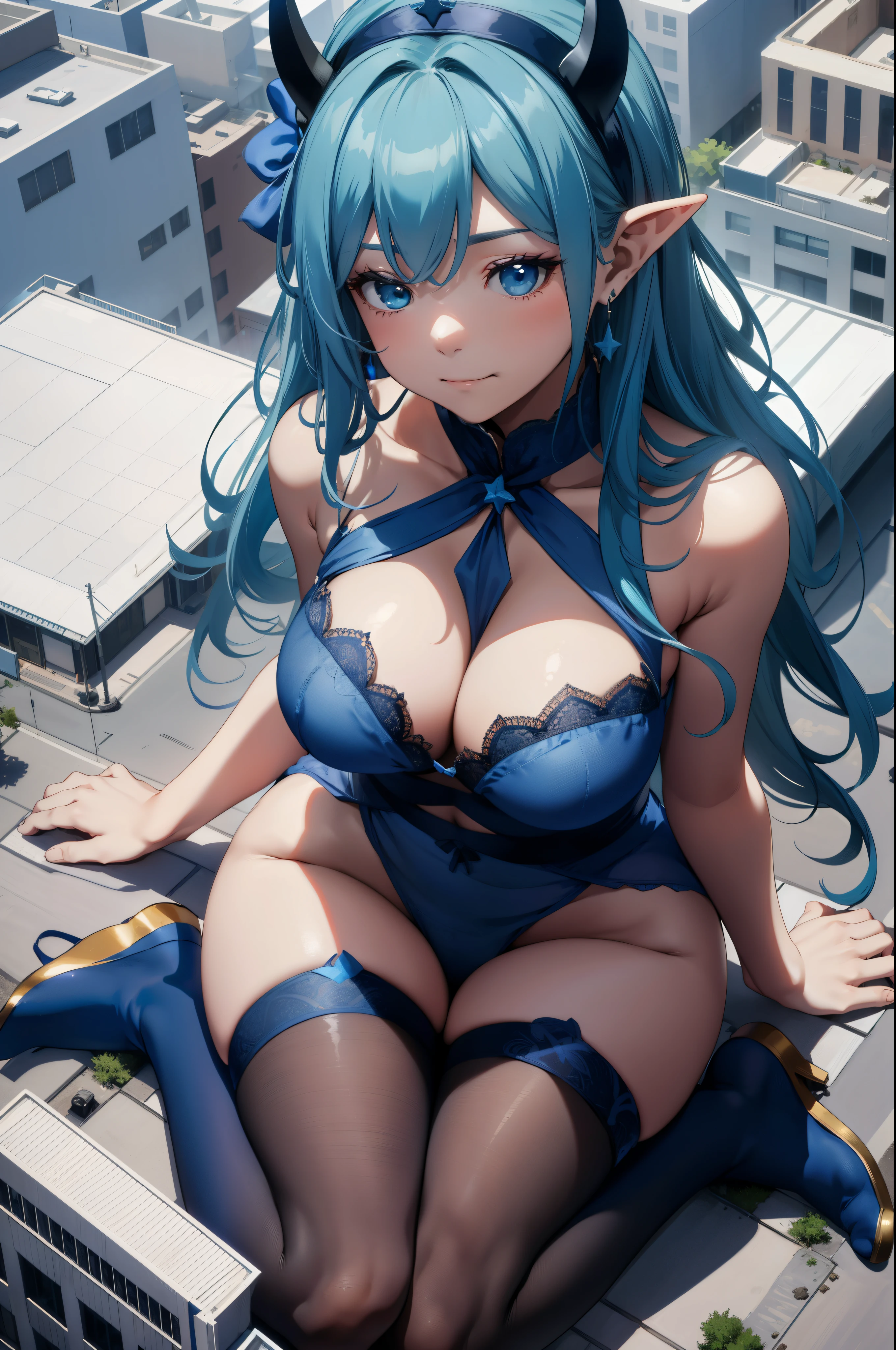 Aerial View,giant girl 50,000 feet high,Weight 1000kg,Has a pair of huge blue angel wings,With huge devil horns on his head,wear a crown on your head,Elf wearing blue earrings,She has long blue hair that reaches her feet,loose hair,Long curly blue hair,Wearing a pair of blue boots,blue lace gloves,Blue lace pantyhose,Bow and star embellished tights,蓝色蕾丝whole body,Sitting elegantly on a tall building,Beautiful appearance,Exquisite makeup,quality,8k,高quality,Perfect proportion, Cinema lighting,film grain,Fuji colors,8k,textured skin,Super details,high detail,high resolution,fake smile,blood stains,脚底有blood stains,whole body,fat,elf princess,feather,flowers
