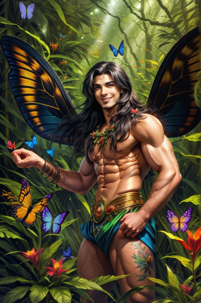 artwork, Male fairy, muscular arms and legs, strong chest, long black hair, wings, shine, shine, in an enchanted forest, butterflies, vegetation, Flowers, sexy and charming smile, looking at the viewer with inviting gaze, 8k , HDR