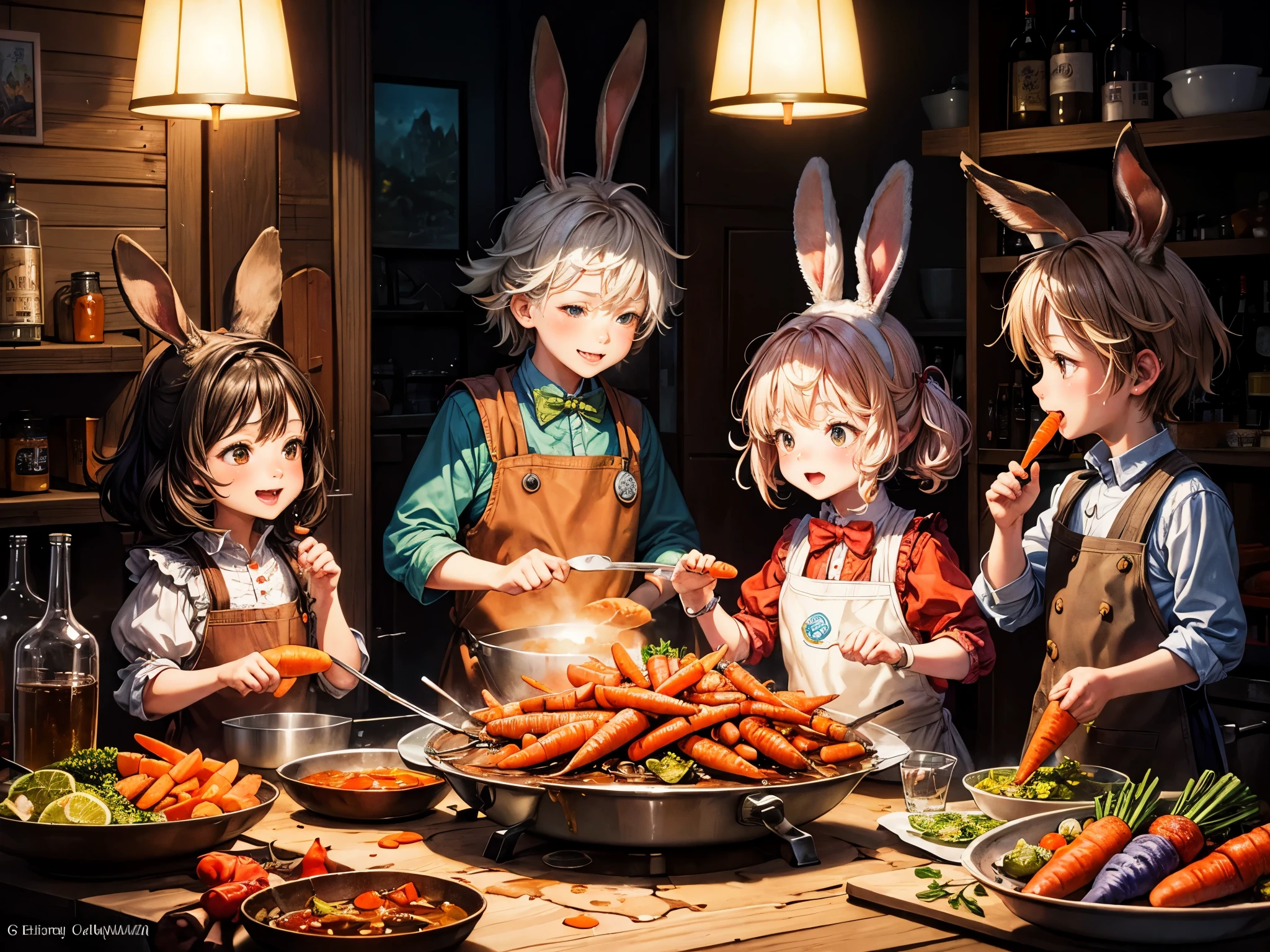 Splash art, alcohol ink, cuteness overload portrait of adorable, cute chief brown rabbit cooking chicken and carrot, happy, dark fantasy, wide angle, urban fairytale ambience, glowing, splashes of carrots, HDR, Arthur Rackham, Dr. Seuss, Norman Rockwell, digital illustration, 5 hands up center, by ewa avatarewa