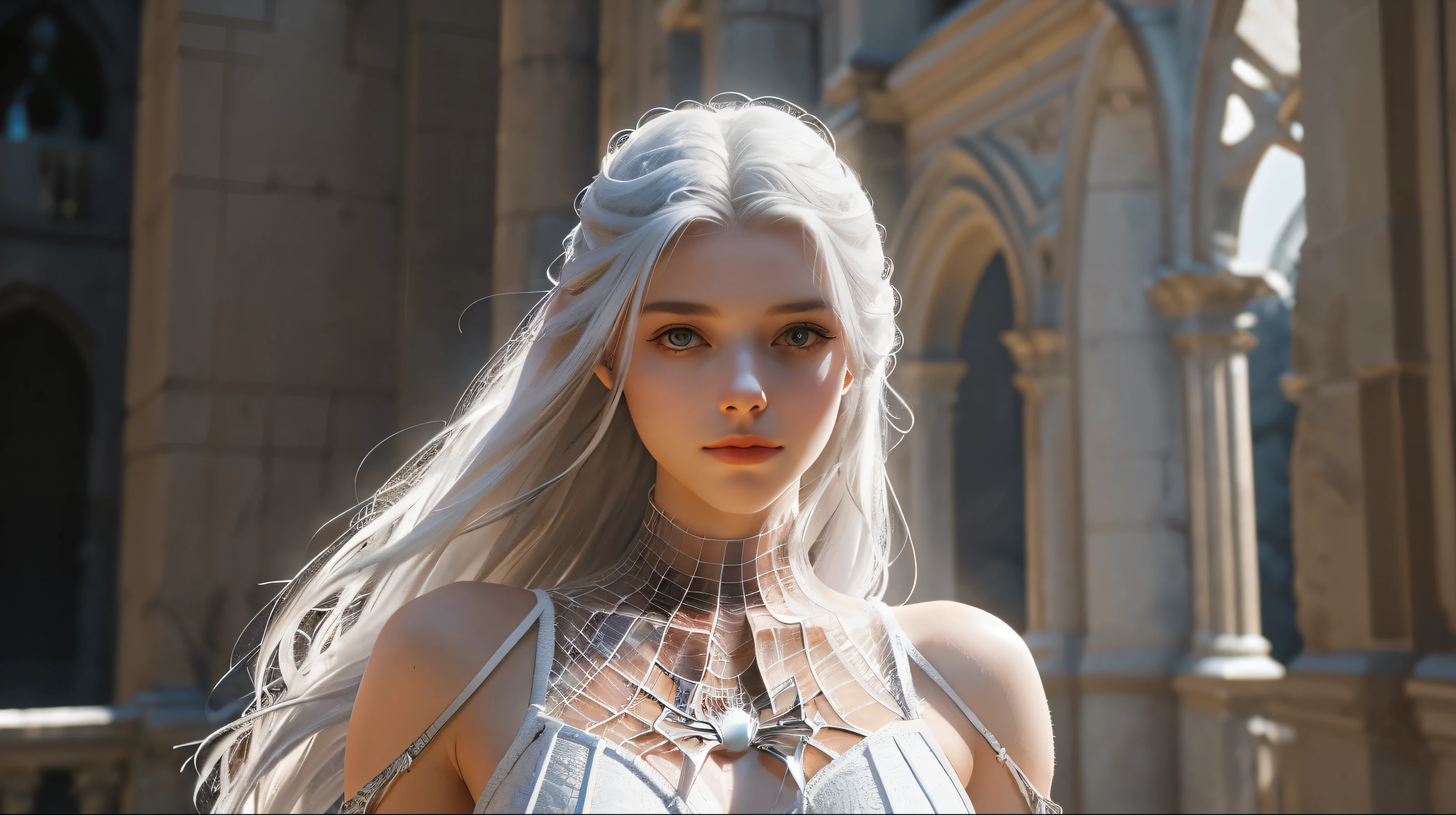 (Extreme Detail CG Unity 8K wallpaper, masterpiece, highest quality), (Exquisite lighting and shadow, highly dramatic picture, Cinematic lens effect), a beautiful girl in a white Spider-Man costume, white lingerie, silver gray hair color, long hair, from the Spider-Man parallel universe, Wenger, Marvel, Spider-Man, on the ancient tower, very beautiful face, dynamic pose), (excellent detail, excellent lighting, wide angle), (excellent rendego on ancient tower, enough to stand out in its clasocus on white Spider-Man costumes, complex spider textures