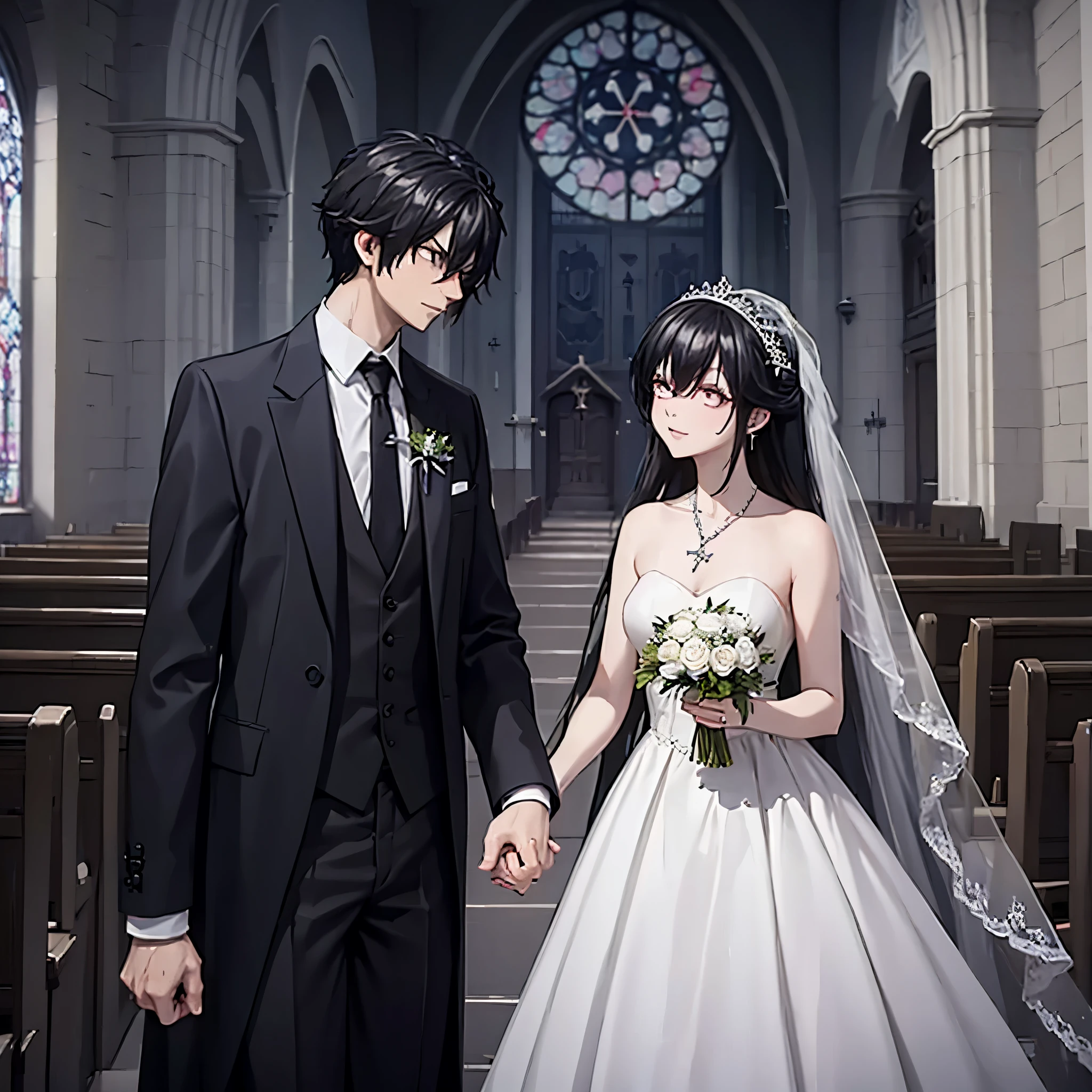 a man in a black suit holding the hand of a woman (eye red) in a white wedding outfit in a church
