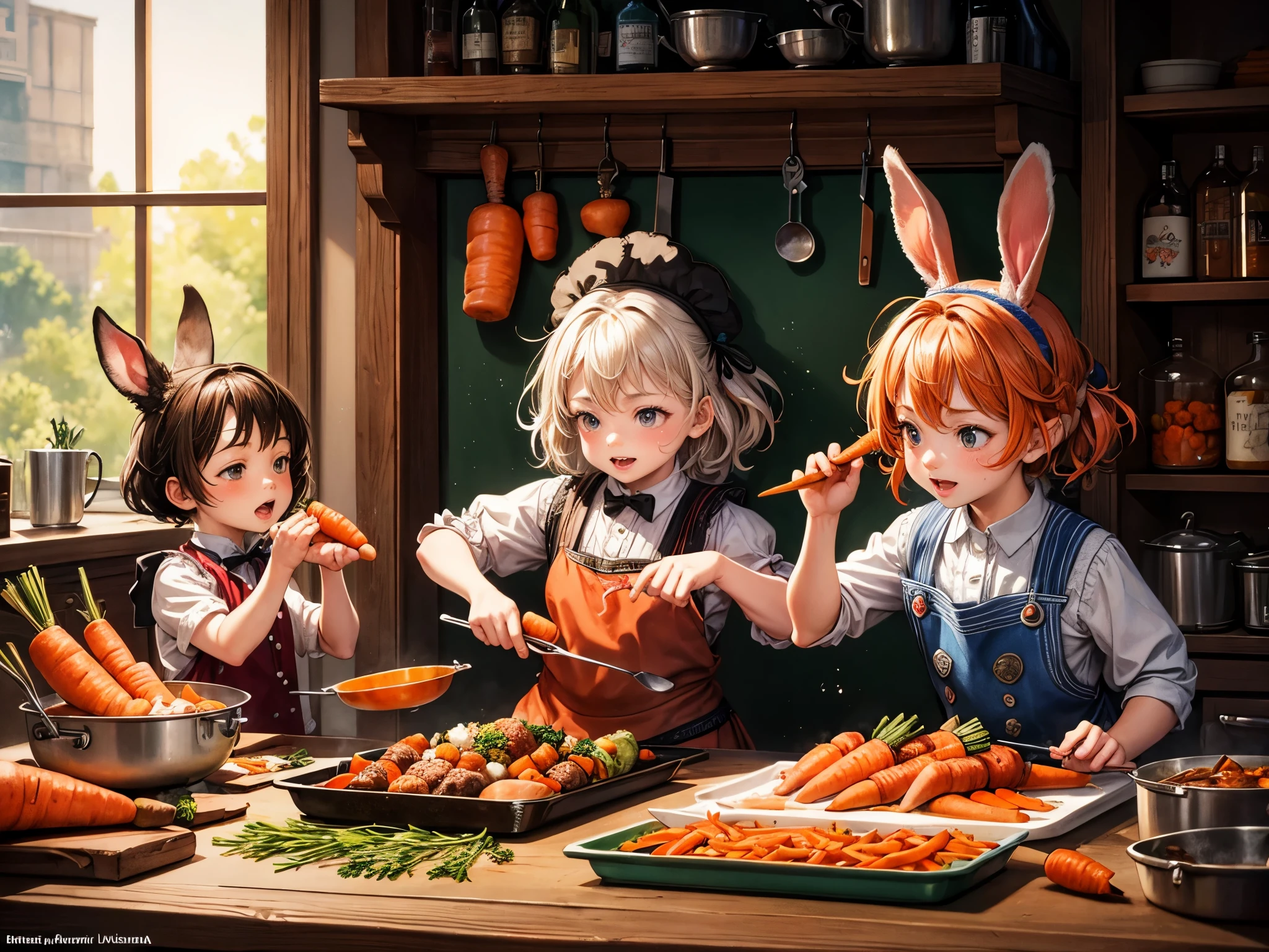 Splash art, alcohol ink, cuteness overload portrait of adorable, cute chief brown rabbit cooking chicken and carrot, happy, dark fantasy, wide angle, urban fairytale ambience, glowing, splashes of carrots, HDR, Arthur Rackham, Dr. Seuss, Norman Rockwell, digital illustration, 5 hands up center, by ewa avatarewa