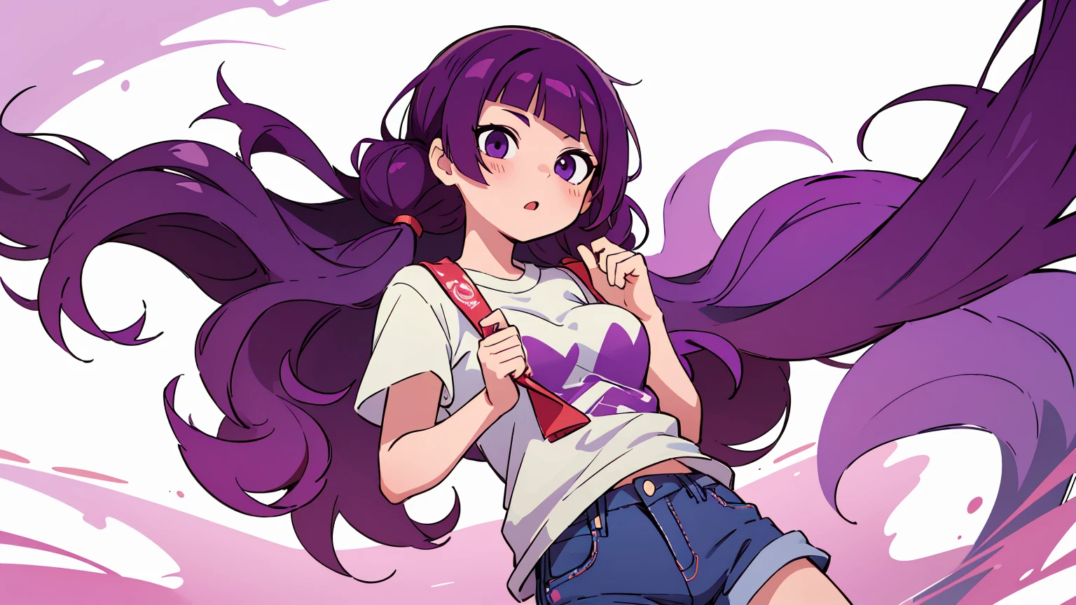 mamimi tanaka, asymmetrical bangs, blunt bangs, diagonal bangs, (purple eyes:1.1), purple hair, twintails, denim shorts, character sheet