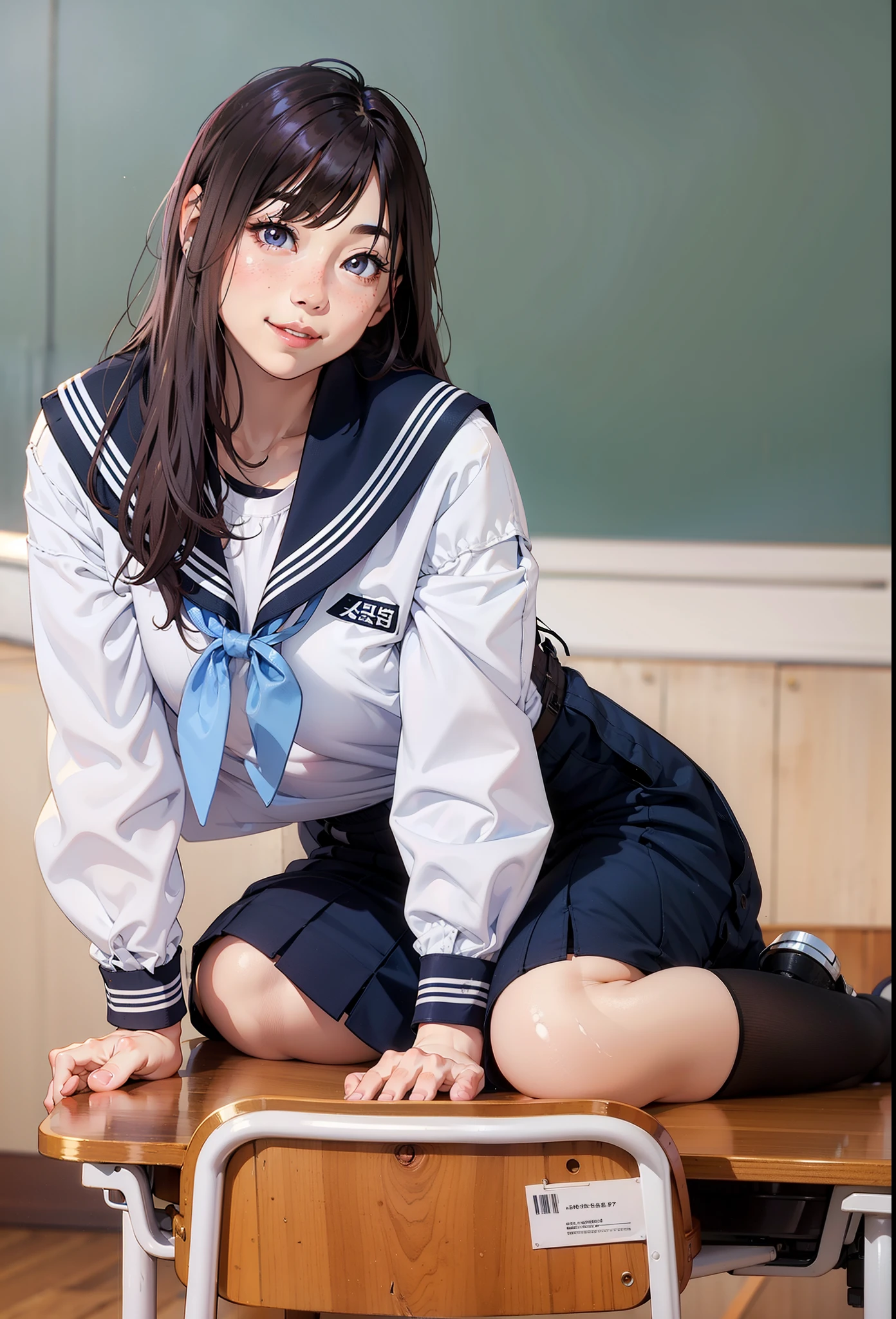 (highest quality,masterpiece:1.3,ultra high resolution),(Super detailed、caustics) (Photoreal:1.4, RAW shooting、)ultra-realistic capture、very detailed、natural skin texture、masterpiece、(junior high school sailor suit:1.3)、1 Japanese girl、adorable expression、expression of happiness、、young face、surprisingly cute、twin tails、curly hair、black hair、Scrunchie、light makeup、Big breasts that are about to burst、Sit on a chair and open your legs to the left and right、Filmed in a junior high school classroom、Shining thighs、summer sunshine、smile、inviting gaze、White panties