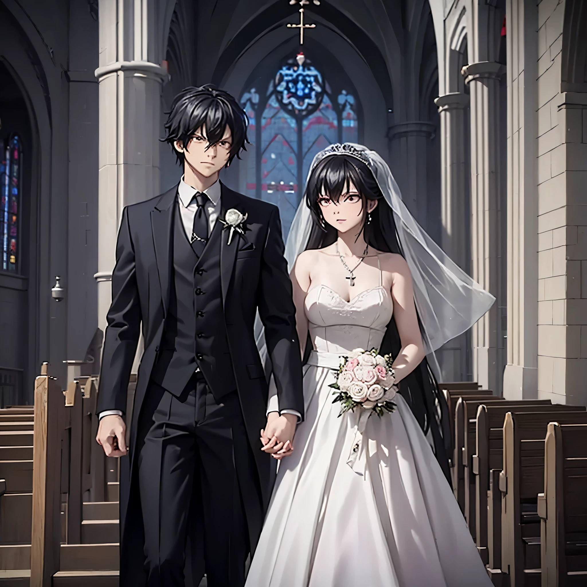 a man in a black suit holding the hand of a woman (eye red) in a white wedding outfit in a church
