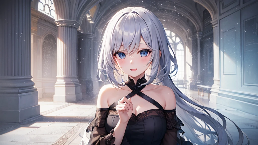 super high quality, with a girl, 20-year-old, very short hair, long bangs between the eyes, pale blue eyes , very detailed,(masterpiece、highest quality)、alone、gray hair、laughter、White skin as clear as snow、fantasy, silver hair, black eye, beautiful eyes,, ecstasy, charm, be smitten with audience, fantasyな風景、evening、inside the school