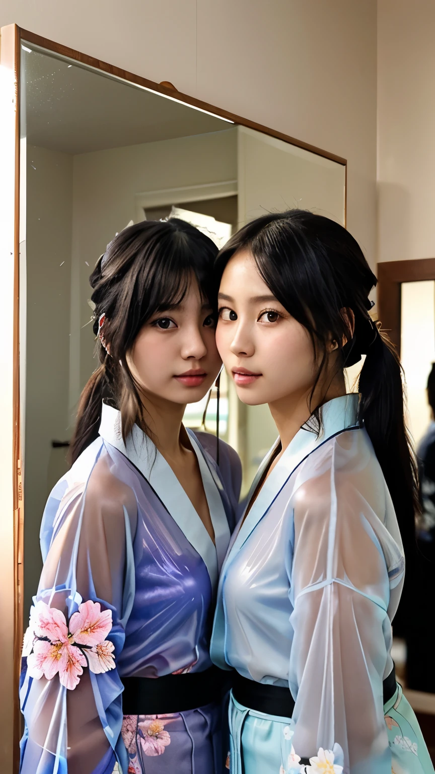 最high quality、high quality、best image quality、8K、最High resolution、High resolution、最high quality、masterpiece、realistic pictures、RAW photo、realistic atmosphere、(detailed face)、(fine hands、thumb１reference４)、(beauty of japan )、very nice face、cute face、((beautiful japanese girl))、(woman), ((18 year old beautiful girl))、(glossy black hair)、(straight long hair)、(ponytail)、whole body、slim style、(shiny skin)、(Fair skin, Glossy skin)、real human skin、realistic human body structure、perfect body， perfect face， perfect hands， perfect fingers， perfect lips， perfect eyes，perfect teeth、perfect background， perfect atmosphere， soft natural light、samurai kimono、maiko kimono、servant、geisha kimono、japanese kimono、Furisode、kimono、Yukata、japanese traditional、((There is a very large mirror in the room.))、((sit with your knees bent in front of the mirror(Girl in the back))、((The girl in front of the mirror and the girl in the mirror are identical twins.))、((The twins in front of the mirror and in the mirror are looking at each other.))、((twin girls look the same、Same look、Facing each other in the same pose))、((colorful transparent see-through(flowery kimono、Hakama with side slits))、Angle from diagonally behind