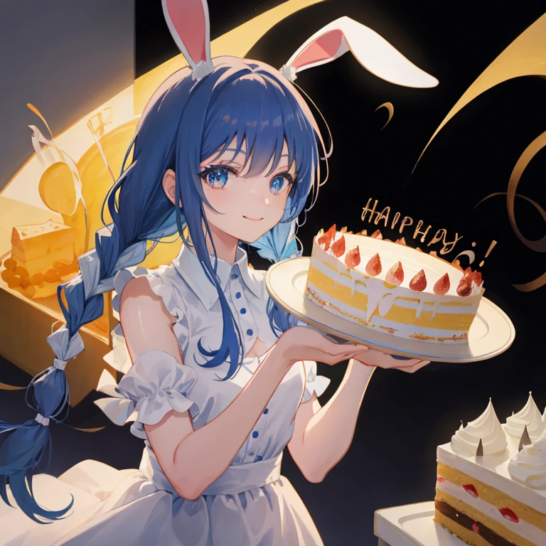 (shape: Used Pecora), Bunny girl, blue hair, twin braids, girl, alone, {{masterpiece}}, highest quality, Highly detailed CG Unity 8K wallpaper, cinematic lighting, Lens flare,(smile), beautiful detailed eyes, cake,(birthday)