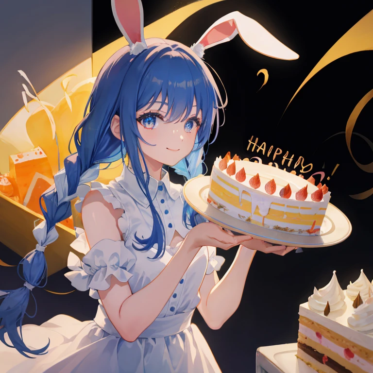 (shape: Used Pecora), Bunny girl, blue hair, twin braids, girl, alone, {{masterpiece}}, highest quality, Highly detailed CG Unity 8K wallpaper, cinematic lighting, Lens flare,(smile), beautiful detailed eyes, cake,(birthday)