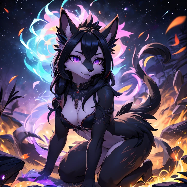 (SFW)18 year old shy girl, piel naranja con negro, furry, arte peludo, zorra, vestimenta de bruja, aura maligna, alas de dragon, cuerpo con escamas y plumas, bola de energia, lanzando hechizo hechizera, ojos de maldad rojos, hechizo maligno, aura negra Sus ojos son grandes y expresivos, Resplendent irises of blue and purple, ((doggy style)) dando espalda a la camara, trasero elevado, cola elevada