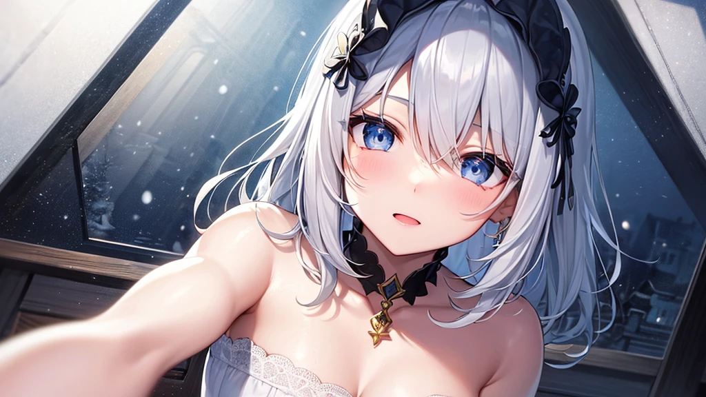 super high quality, with a girl, 20-year-old, very short hair, long bangs between the eyes, pale blue eyes , very detailed,(masterpiece、highest quality)、alone、gray hair、laughter、White skin as clear as snow、fantasy, silver hair, black eye, beautiful eyes,, ecstasy, charm, be smitten with audience, fantasyな風景、evening、inside the school