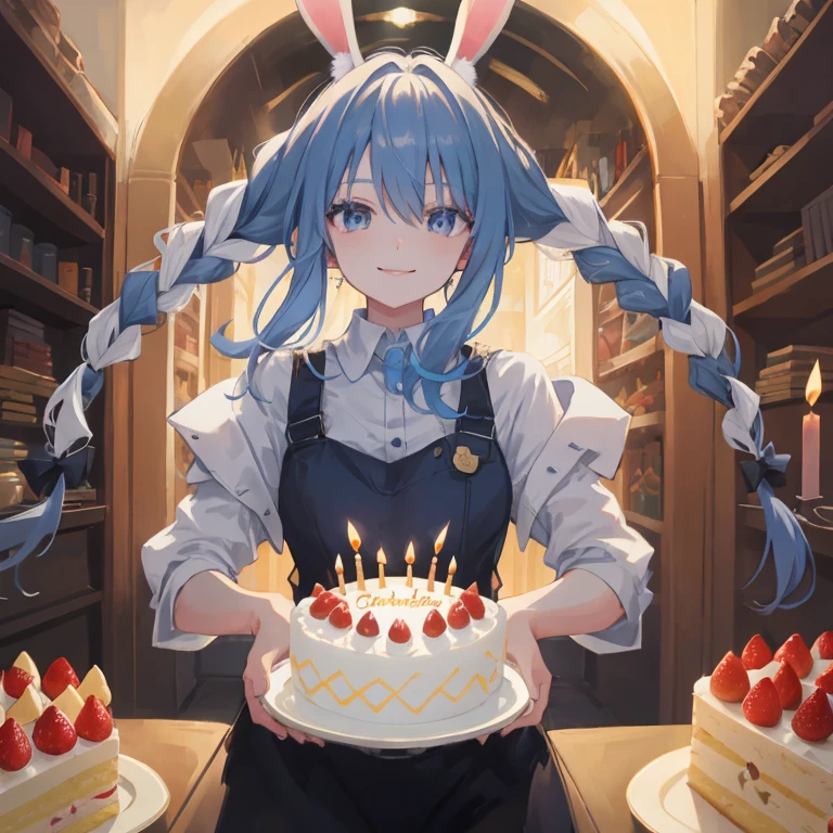 (shape: Used Pecora), Bunny girl, blue hair, twin braids, girl, alone, {{masterpiece}}, highest quality, Highly detailed CG Unity 8K wallpaper, cinematic lighting, Lens flare, beautiful detailed eyes, (smile),cake,(birthday)