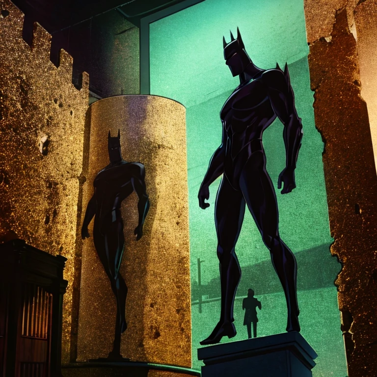 Man in side the statue in dark nighth, city in back ground