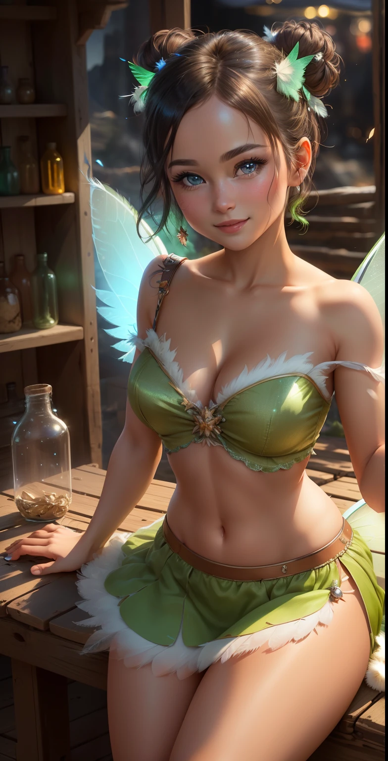 (Tinker Wife:1),Tinker Bell、mini skirt、clear feathers、 smile, cute, cute pose, looking at the viewer, thick thighs, single hair bun hair, short hair, (Strapless Green Dress:1), (fairy wings), sitting, (chest focus:1.2), From above,
(realistic:1.2), (realism), (masterpiece:1.2), (highest quality), (Super detailed), (8K, 4K, Complex),(full body shot:1),(cowboy shot:1.2), (85mm),particles of light, lit, (very detailed:1.2),(detailed face:1.2), (Gradation), software, colorful,(fine eyes:1.2),
(detailed landscape, in a glass bottle:1.2),(detailed background),detailed landscape, (dynamic angle:1.2), (dynamic pose:1.2), (third law_composition:1.3), (Action range:1.2), wide shot, dawn, alone,