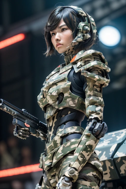 extremely detailed CG unity 32K wallpaper, top quality, masterpiece, raw photo, photorealistic, highest resolution, professional photo, dynamic, cinematic lighting, (cyberpunk:1.4), science fiction, sharp focus, depth of field, (perfect body, correct anatomy, correct body proportion:1.5), intricately detailed face, expressive face, POV, (from front:1.3), 1 girl, ((female soldier:1.4)), mecha-musume, solo, (cowboy shot:1.2), black hair, (short hair:1.1), ultra-realistic skin, detailed skin, tanned skin, dark and bright eyes, highly detailed nose and lips, beautiful nose, expressionless, ((camouflaged, combat uniform:1.5)), (slender, medium breast:1.4), perfect body proportion, ((powered suit, mechanical body armor:1.4)), highly weaponized body, (in combat with hostile armed group:1.5), (((1 large gun turret is mounted on the girl's left shoulder:1.5))), ((holding 1 blaster rifle:1.5)), ((aiming the blaster rifle:1.4)), ((aiming the blaster rifle:1.5)), (((daytime, noon, vandalized town:1.3)))