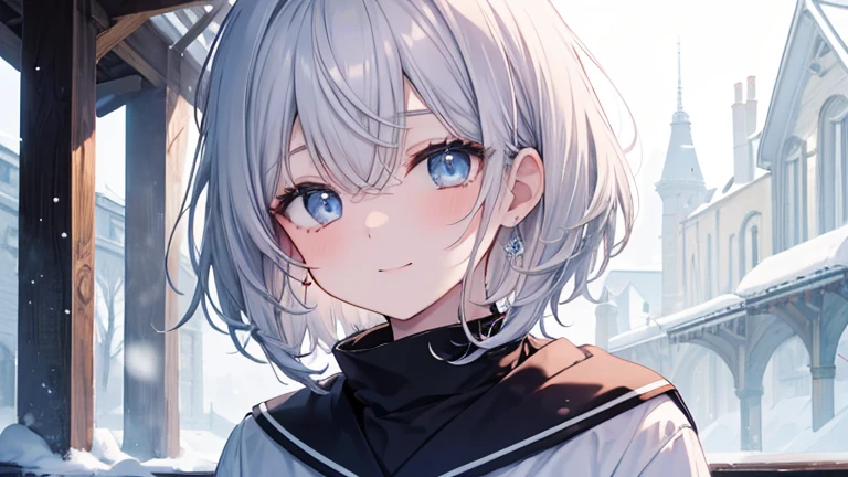 super high quality, with a girl, 20-year-old, very short hair, long bangs between the eyes, pale blue eyes , very detailed,(masterpiece、highest quality)、alone、gray hair、laughter、White skin as clear as snow、fantasy, silver hair, black eye, beautiful eyes,, ecstasy, charm, be smitten with audience, fantasyな風景、evening、inside the school