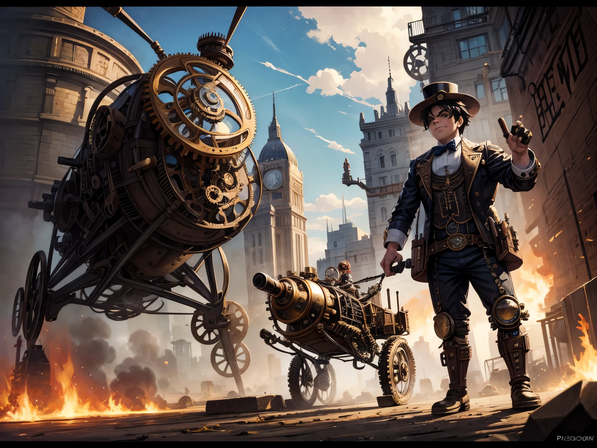 steampunk_midget_clown, riding_a_mini_ bike, robotic_steampunk_robot_ automata, clockpunk, steampunk, steam_powered, lots of gears, steam_lots of_gears_belts