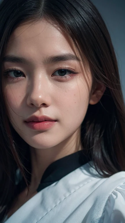 8K, highest quality, masterpiece, realistic, ultra detail, photo realistic, Improvement of quality, smile, In a dark and brooding designer style, voluminous mass, photo bash, calm face, jagged edges, indoor, beauty of nature, close up shot, selfie, Centered on the face