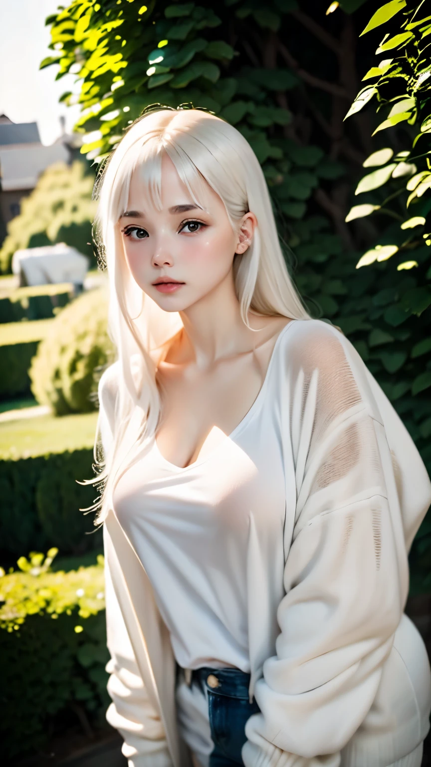 white shirt、14 years old:1.3、platinum blonde hair、plump lips、An ennui look
