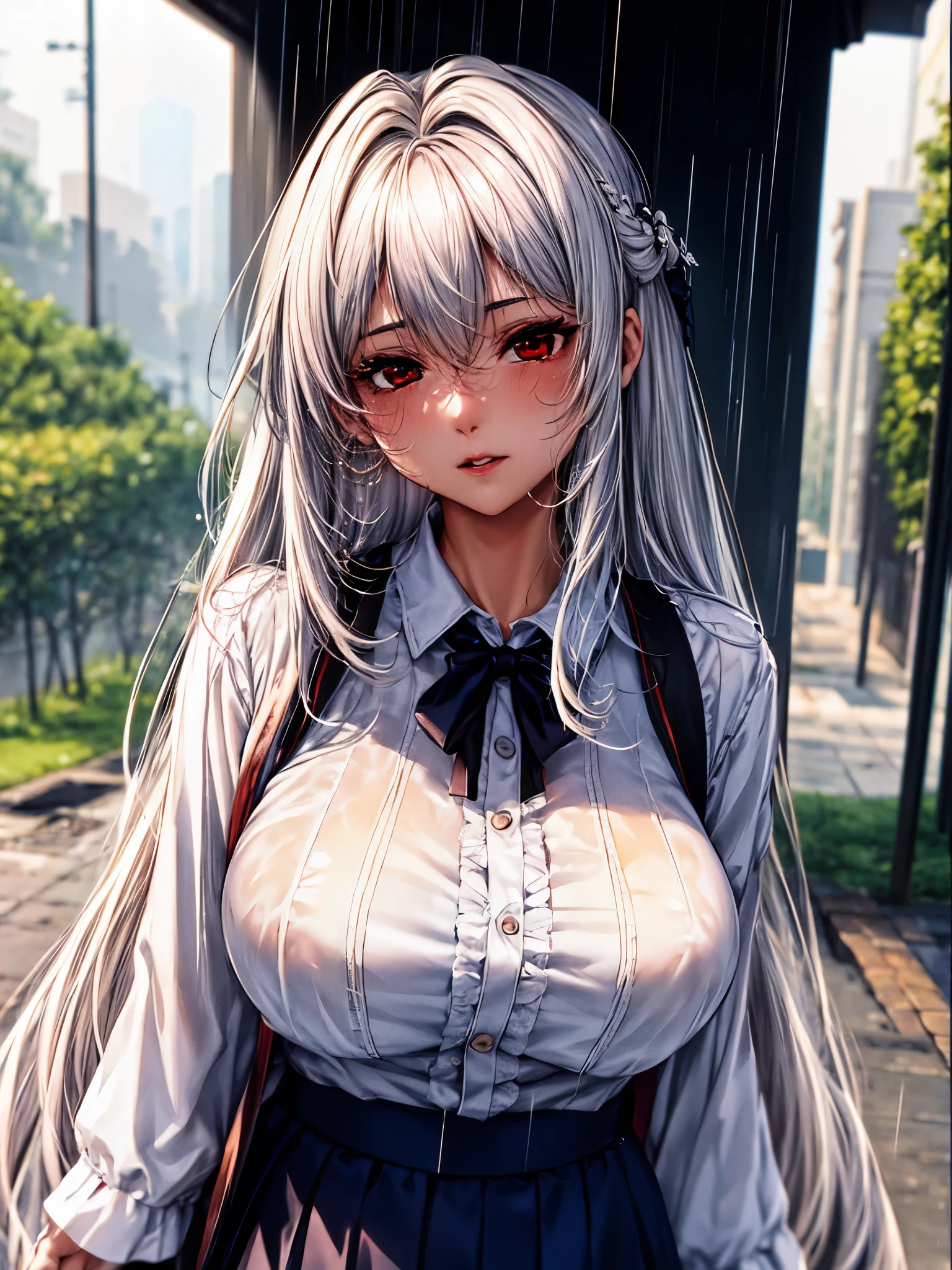 highres,32K,detailed red eye,detailed face,large breast,rainy,school uniform
