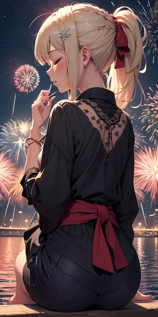 (((masterpiece))), (1girl:1.5), hyper detailed, highres, ((best quality)), (extremely delicate and beautiful), {8k cg wallpaper}, illustration, (blush), (braided ponytail | ponytail | hairbun), (extremely detailed background:1.6), (very long black hair|blonde hair), detailed face, night, festival, outdoors, lantern, (fireworks:1.4), paper lantern, snow, wind, snowflakes, hair ornament, closed eyes, (from behind:1.3), sitting, river, riverbank, starry sky, (holding hands:0.6), leaning on person, showing pink thong, nice ass