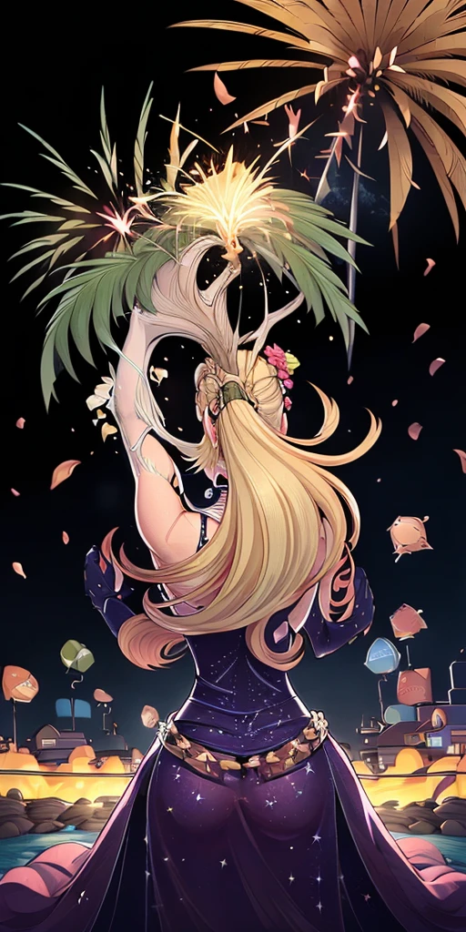(((masterpiece))), (1girl:1.5), hyper detailed, highres, ((best quality)), (extremely delicate and beautiful), {8k cg wallpaper}, illustration, (blush), (braided ponytail | ponytail | hairbun), (extremely detailed background:1.6), (very long black hair|blonde hair), detailed face, night, festival, (kimono:0.7), outdoors, lantern, (fireworks:1.4), paper lantern, snow, wind, snowflakes, hair ornament, closed eyes, (from behind:1.3), sitting, river, riverbank, starry sky, (holding hands:0.6), leaning on person, pointing, on heaven