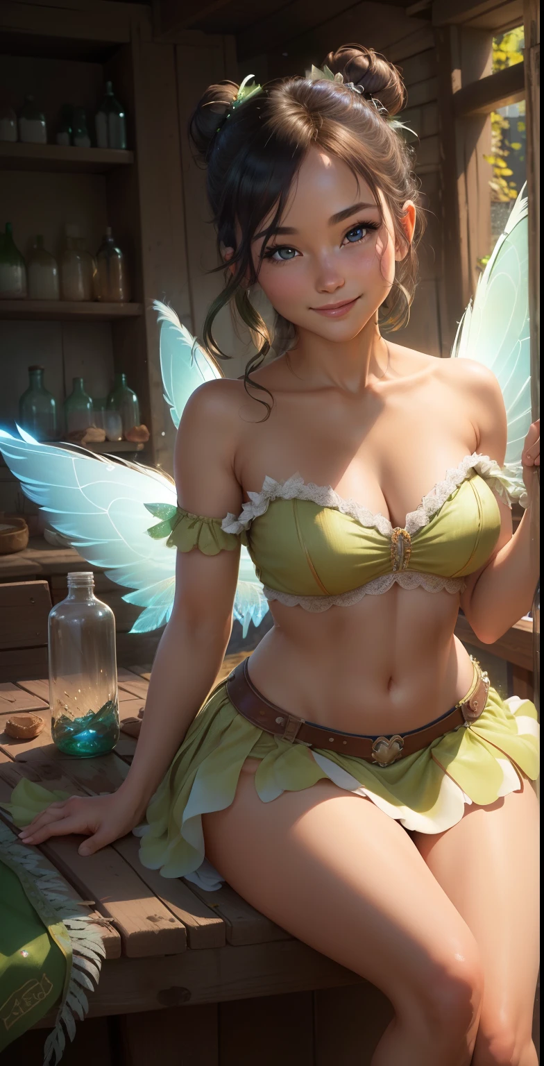 (Tinker Wife:1),Tinker Bell、mini skirt、clear feathers、 smile, cute, cute pose, looking at the viewer, thick thighs, single hair bun hair, short hair, (Strapless Green Dress:1), (fairy wings), sitting, (chest focus:1.2), From above,
(realistic:1.2), (realism), (masterpiece:1.2), (highest quality), (Super detailed), (8K, 4K, Complex),(full body shot:1),(cowboy shot:1.2), (85mm),particles of light, lit, (very detailed:1.2),(detailed face:1.2), (Gradation), software, colorful,(fine eyes:1.2),
(detailed landscape, in a glass bottle:1.2),(detailed background),detailed landscape, (dynamic angle:1.2), (dynamic pose:1.2), (third law_composition:1.3), (Action range:1.2), wide shot, dawn, alone,