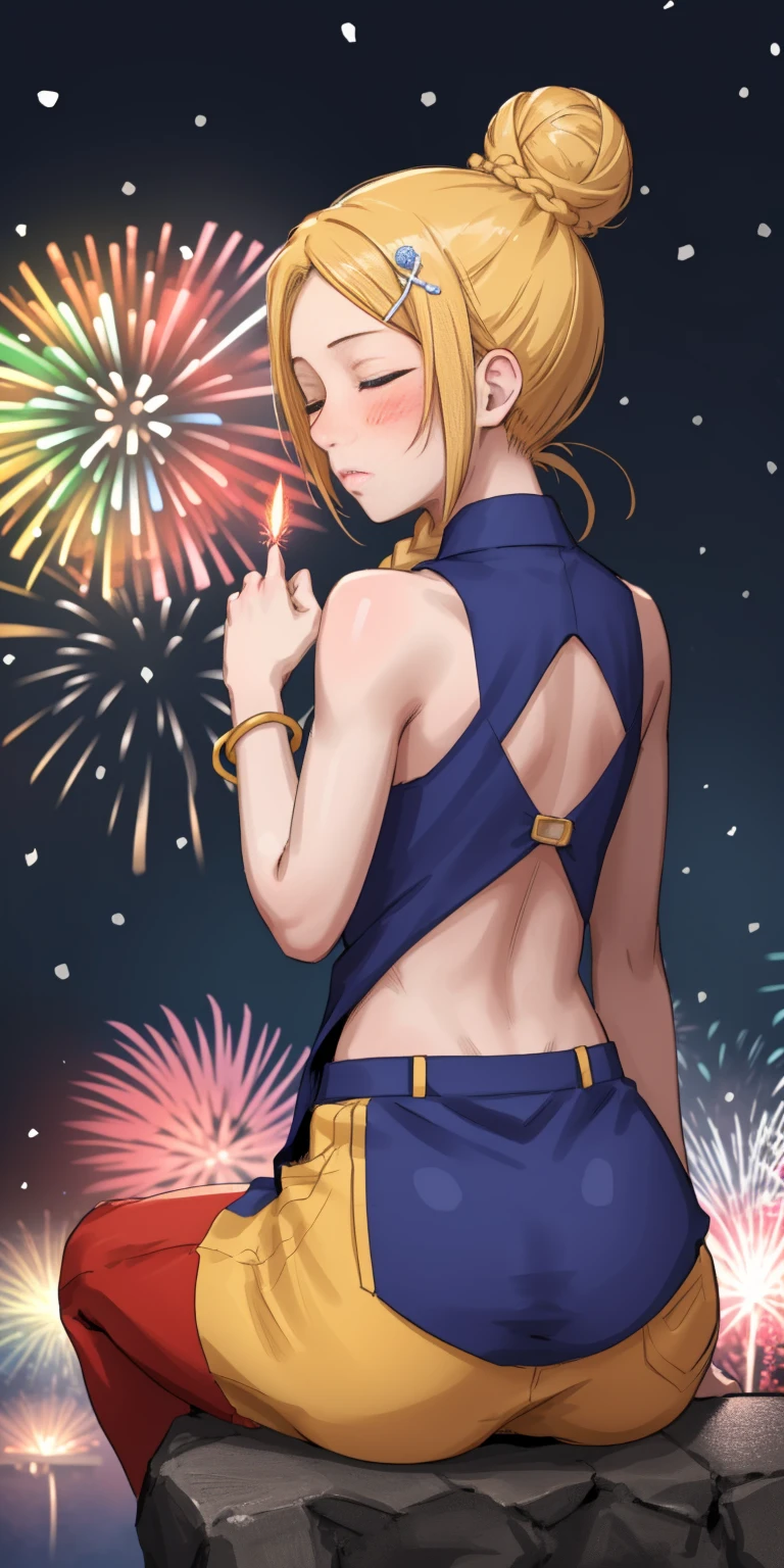 (((masterpiece))), (1girl:1.5), hyper detailed, highres, ((best quality)), (extremely delicate and beautiful), {8k cg wallpaper}, illustration, (blush), (braided ponytail | ponytail | hairbun), (extremely detailed background:1.6), (very long black hair|blonde hair), detailed face, night, festival, (kimono:0.7), outdoors, lantern, (fireworks:1.4), paper lantern, snow, wind, snowflakes, hair ornament, closed eyes, (from behind:1.3), sitting, river, riverbank, starry sky, (holding hands:0.6), leaning on person, pointing, on heaven