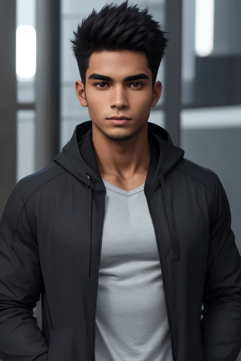 Young man of 30 years old, dark light skin, deep brown eyes, shoulder-length black hair with a gray suit jacket, with a handsome face and well-built athlete's body.