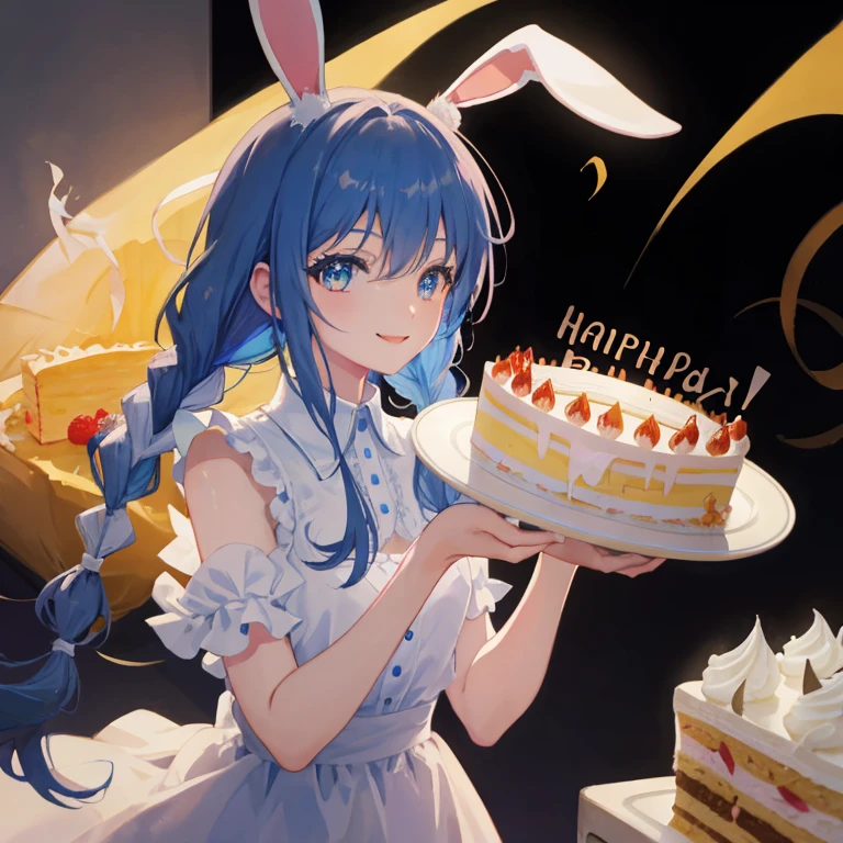(shape: Used Pecora), Bunny girl, blue hair, twin braids, girl, alone, {{masterpiece}}, highest quality, Highly detailed CG Unity 8K wallpaper, cinematic lighting, Lens flare,((extraordinary smile)), beautiful detailed eyes, cake,(birthday)