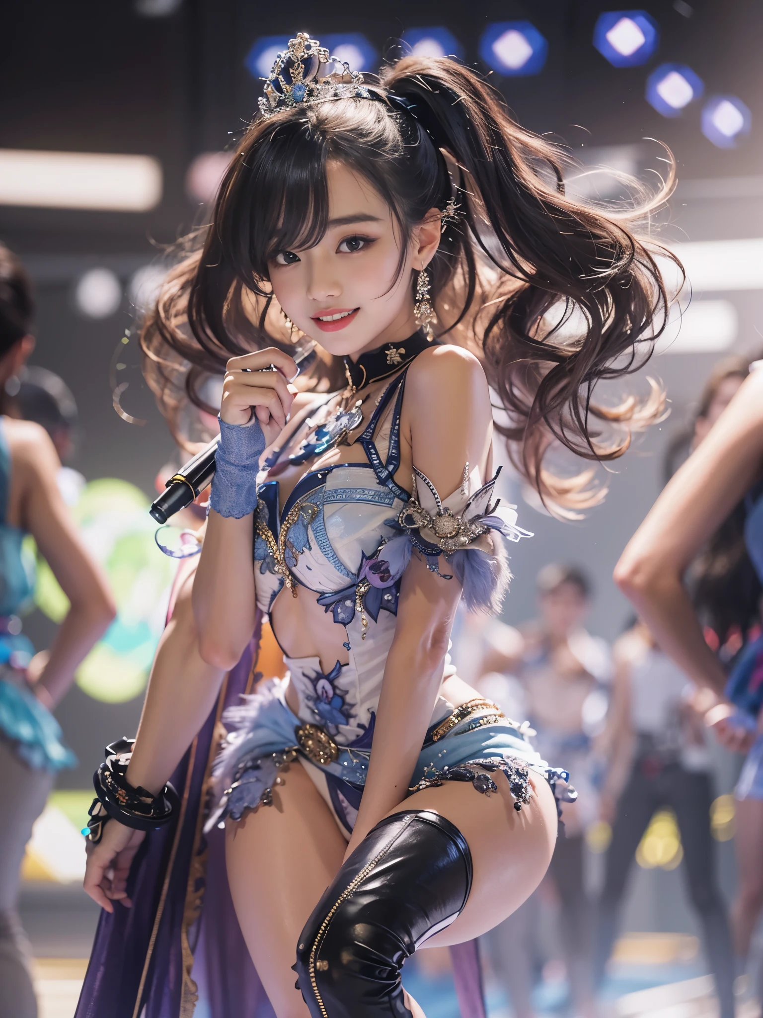8K, highest quality, High resolution, realistic, real person, Live stage where a large audience gathers, one girl, young and cute korean idol, ((cane)), big, long and beautiful legs, While smiling on stage々dance vigorously in a pose, hold a microphone, Showing off gorgeous costumes, beautiful light up