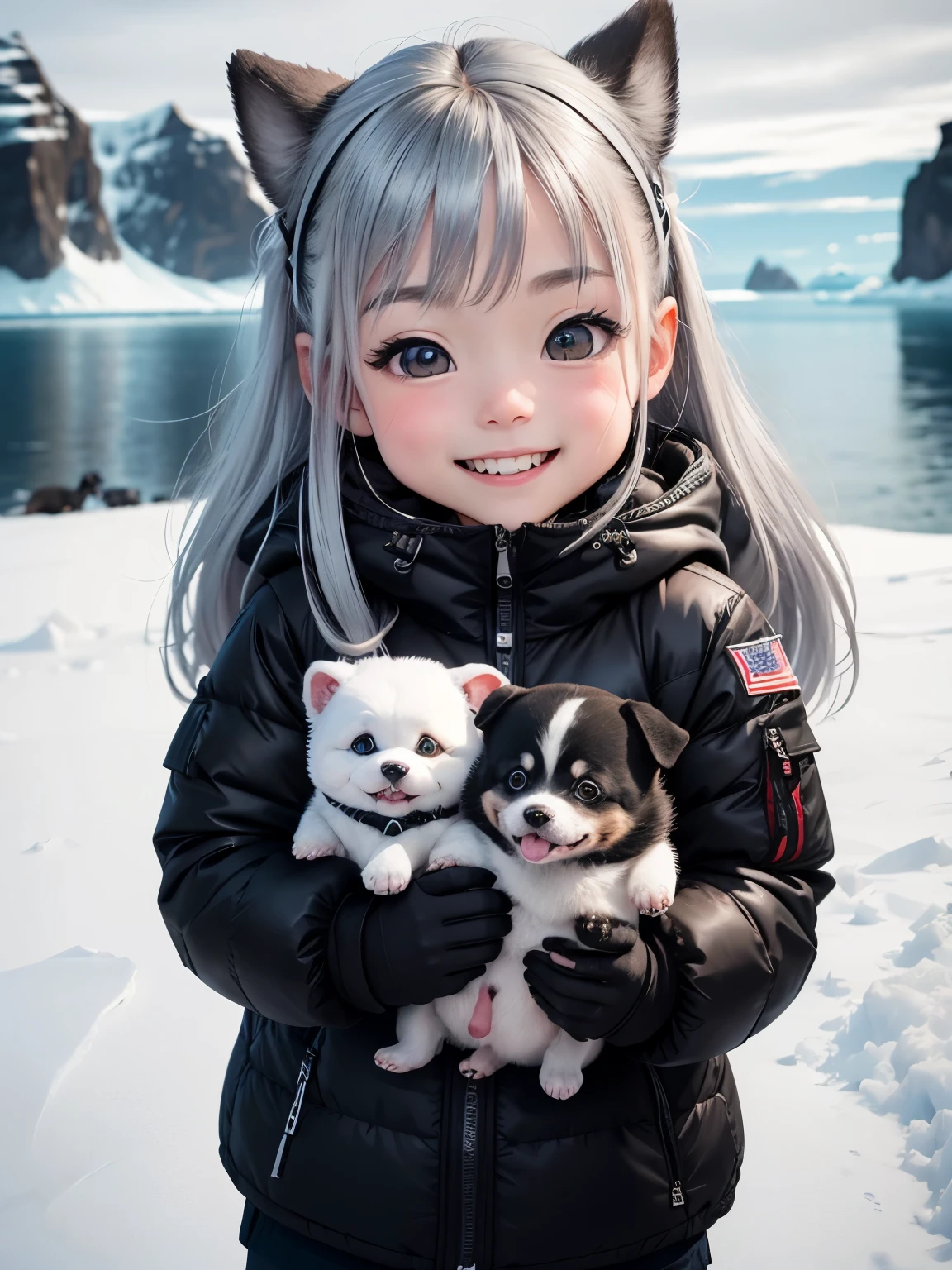 best image quality、Antarctic expedition、2black dog、A fun and cute smile、best smile、chibi character、super deformed、big head and small body、Very pretty girl、long silver hair、Surprisingly big bright eyes、2Dog、With dark-colored puppies Taro and Jiro、A very happy smile、Antarctic landscape、