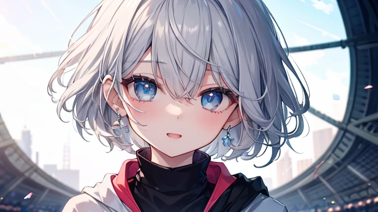 super high quality, with a girl, 20-year-old, very short hair, long bangs between the eyes, pale blue eyes , very detailed,(masterpiece、highest quality)、alone、gray hair、laughter、fantasy, silver hair, black eye, beautiful eyes,, ecstasy, charm, be smitten with audience, fantasyな風景、Sports Clothing